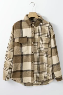 New Dear-Lover Contrast Plaid Patchwork Flap Pocket Shacket Parchment