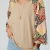 Fashion Dear-Lover Contrast Printed Raglan Sleeves Patchwork V Neck Loose Top Parchment