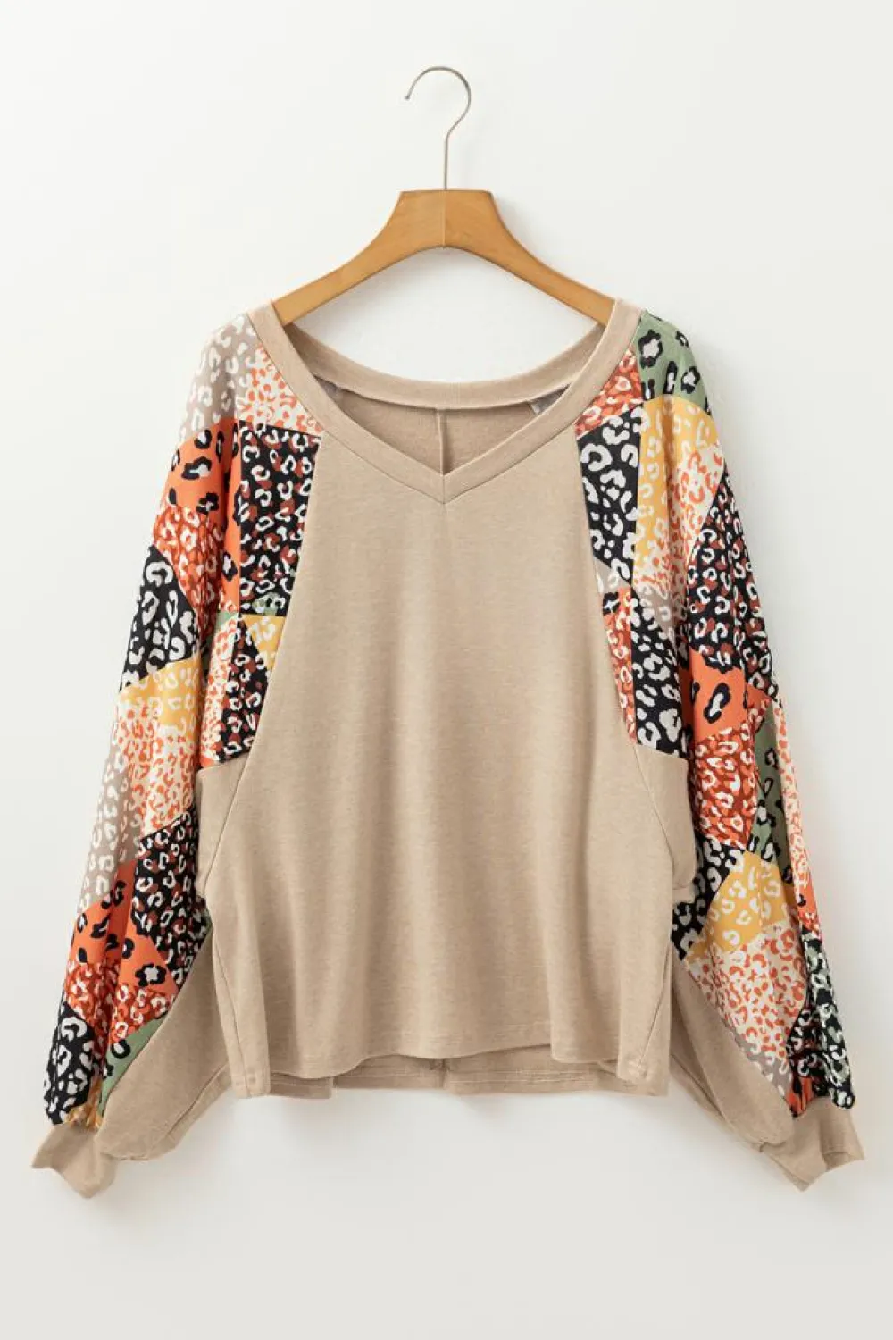 Fashion Dear-Lover Contrast Printed Raglan Sleeves Patchwork V Neck Loose Top Parchment