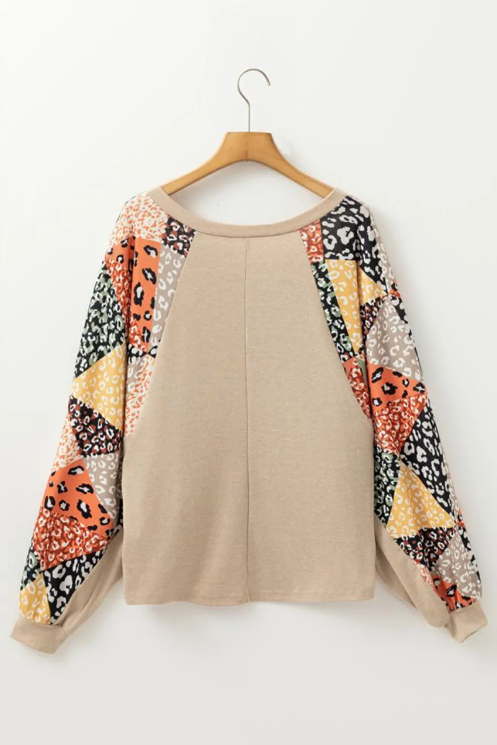 Fashion Dear-Lover Contrast Printed Raglan Sleeves Patchwork V Neck Loose Top Parchment