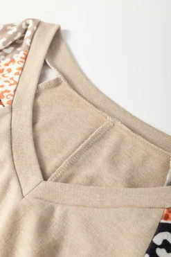 Fashion Dear-Lover Contrast Printed Raglan Sleeves Patchwork V Neck Loose Top Parchment
