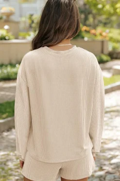 Online Dear-Lover Corded Knit Long Sleeve Top and High Waist Shorts Set Parchment