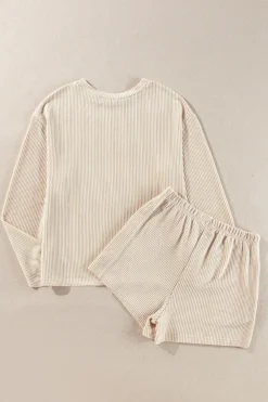 Online Dear-Lover Corded Knit Long Sleeve Top and High Waist Shorts Set Parchment