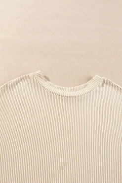 Online Dear-Lover Corded Knit Long Sleeve Top and High Waist Shorts Set Parchment