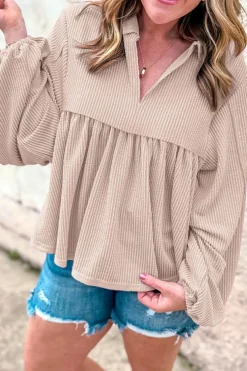Discount Dear-Lover Corded Turn-down V Neck Bubble Sleeve Babydoll Blouse Parchment