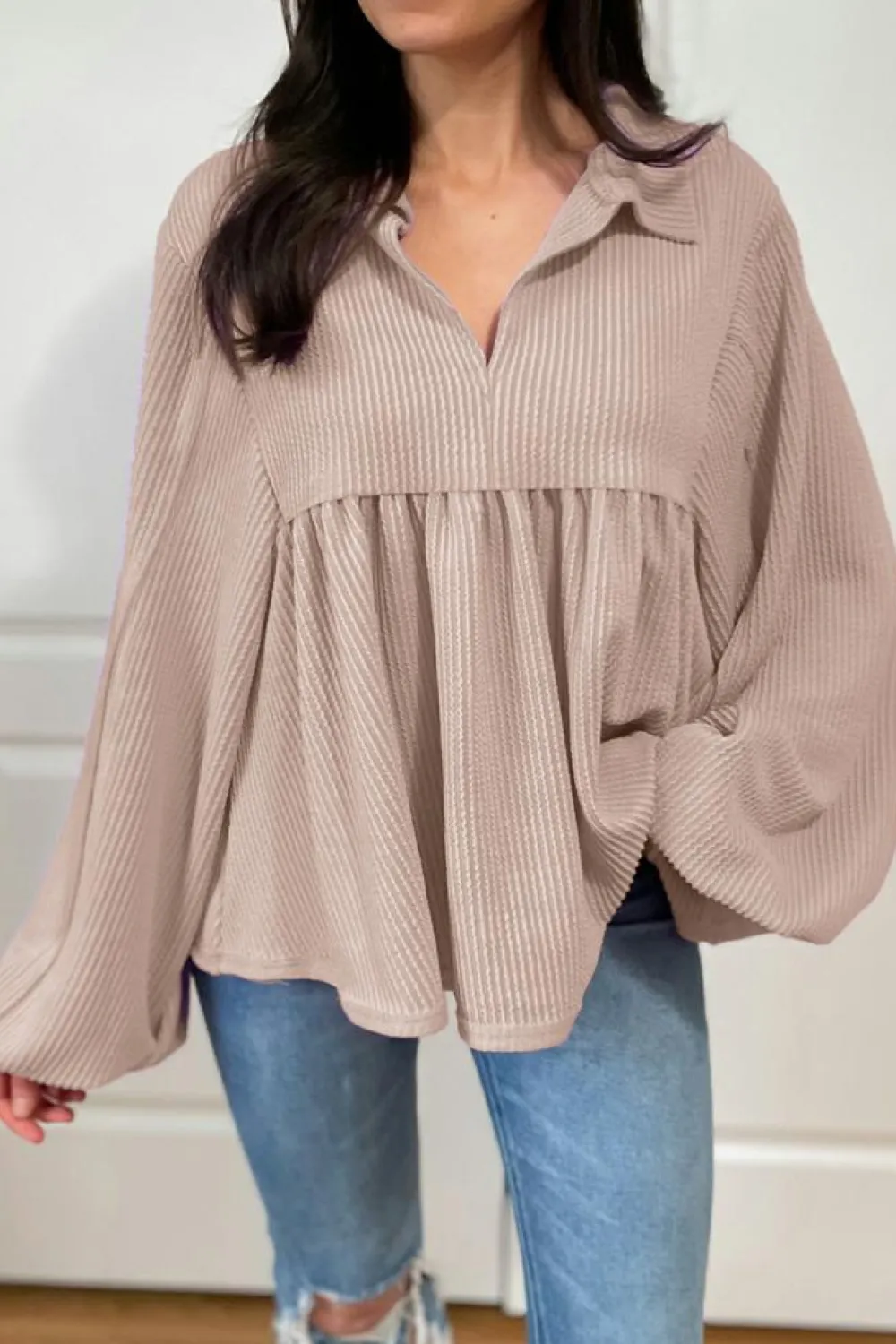 Discount Dear-Lover Corded Turn-down V Neck Bubble Sleeve Babydoll Blouse Parchment