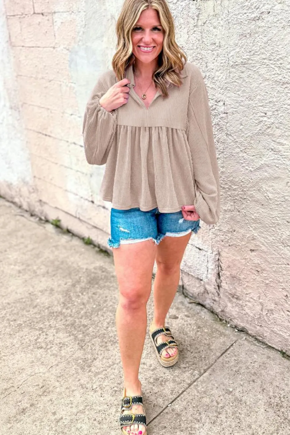 Discount Dear-Lover Corded Turn-down V Neck Bubble Sleeve Babydoll Blouse Parchment