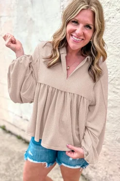 Discount Dear-Lover Corded Turn-down V Neck Bubble Sleeve Babydoll Blouse Parchment