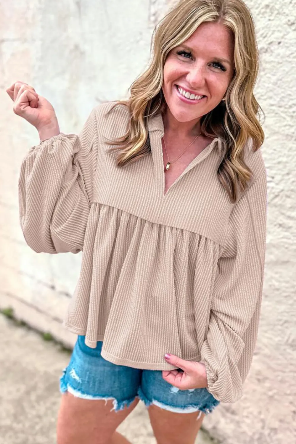 Discount Dear-Lover Corded Turn-down V Neck Bubble Sleeve Babydoll Blouse Parchment