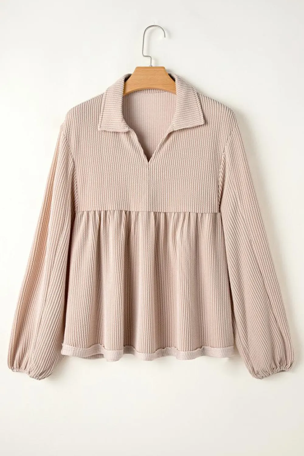 Discount Dear-Lover Corded Turn-down V Neck Bubble Sleeve Babydoll Blouse Parchment