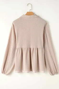 Discount Dear-Lover Corded Turn-down V Neck Bubble Sleeve Babydoll Blouse Parchment