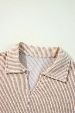 Discount Dear-Lover Corded Turn-down V Neck Bubble Sleeve Babydoll Blouse Parchment