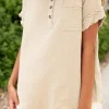 Best Dear-Lover Crinkle Textured Frayed Trim Half Button Short Sleeve Top Parchment
