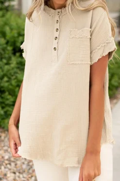 Best Dear-Lover Crinkle Textured Frayed Trim Half Button Short Sleeve Top Parchment
