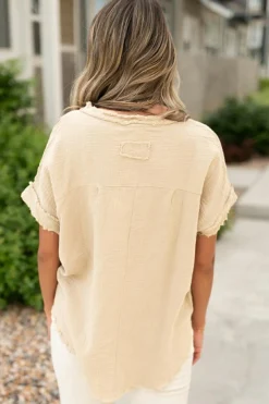 Best Dear-Lover Crinkle Textured Frayed Trim Half Button Short Sleeve Top Parchment