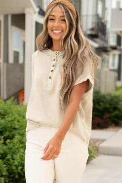 Best Dear-Lover Crinkle Textured Frayed Trim Half Button Short Sleeve Top Parchment