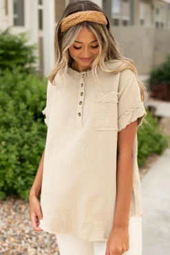 Best Dear-Lover Crinkle Textured Frayed Trim Half Button Short Sleeve Top Parchment