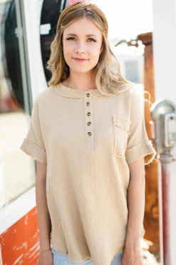 Best Dear-Lover Crinkle Textured Frayed Trim Half Button Short Sleeve Top Parchment