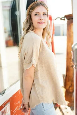 Best Dear-Lover Crinkle Textured Frayed Trim Half Button Short Sleeve Top Parchment