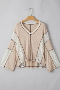 New Dear-Lover Crochet Detail Exposed Seam High Low Loose Top Parchment
