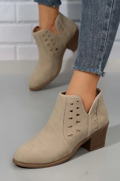 Best Dear-Lover Cut Out Suede Pointed Toe Heeled Ankle Boots Parchment