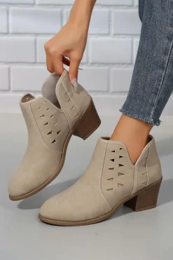 Best Dear-Lover Cut Out Suede Pointed Toe Heeled Ankle Boots Parchment