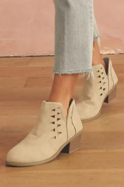 Best Dear-Lover Cut Out Suede Pointed Toe Heeled Ankle Boots Parchment