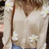 Sale Dear-Lover Elegant Flower Decor Button Front Cardigan Parchment