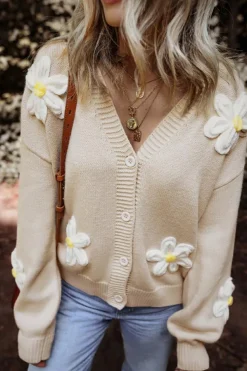 Sale Dear-Lover Elegant Flower Decor Button Front Cardigan Parchment