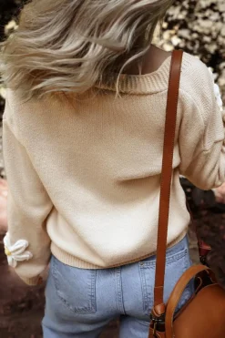 Sale Dear-Lover Elegant Flower Decor Button Front Cardigan Parchment