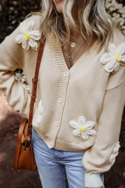 Sale Dear-Lover Elegant Flower Decor Button Front Cardigan Parchment