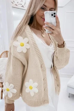 Sale Dear-Lover Elegant Flower Decor Button Front Cardigan Parchment