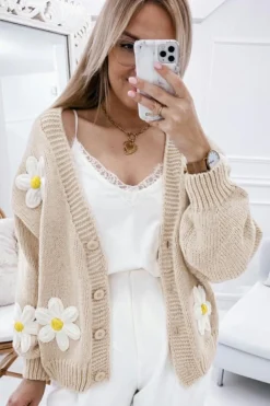 Sale Dear-Lover Elegant Flower Decor Button Front Cardigan Parchment