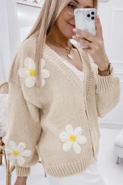Sale Dear-Lover Elegant Flower Decor Button Front Cardigan Parchment