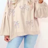 Clearance Dear-Lover Embroidered Bow Lantern Sleeve Oversized Pullover Sweatshirt Parchment