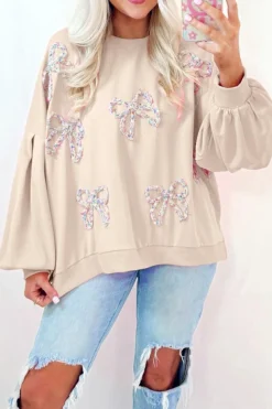 Clearance Dear-Lover Embroidered Bow Lantern Sleeve Oversized Pullover Sweatshirt Parchment