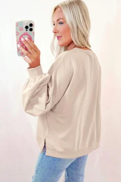 Clearance Dear-Lover Embroidered Bow Lantern Sleeve Oversized Pullover Sweatshirt Parchment