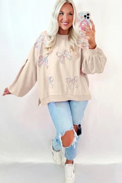 Clearance Dear-Lover Embroidered Bow Lantern Sleeve Oversized Pullover Sweatshirt Parchment