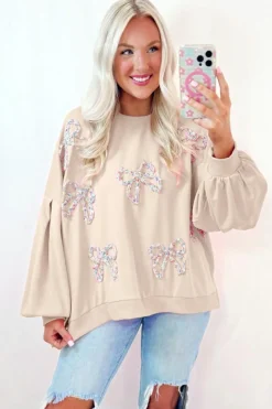 Clearance Dear-Lover Embroidered Bow Lantern Sleeve Oversized Pullover Sweatshirt Parchment