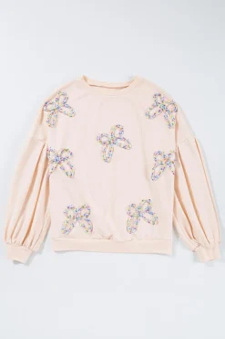 Clearance Dear-Lover Embroidered Bow Lantern Sleeve Oversized Pullover Sweatshirt Parchment