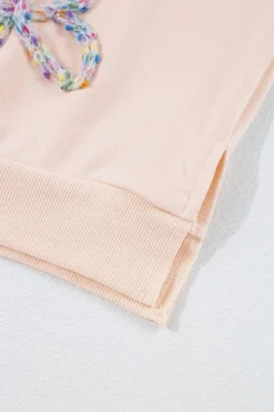 Clearance Dear-Lover Embroidered Bow Lantern Sleeve Oversized Pullover Sweatshirt Parchment