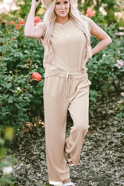 Fashion Dear-Lover Exposed Seam Ribbed Tee and Pants Two-piece Outfit Parchment