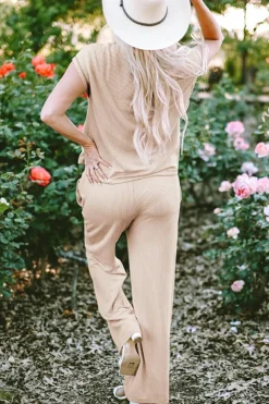 Fashion Dear-Lover Exposed Seam Ribbed Tee and Pants Two-piece Outfit Parchment