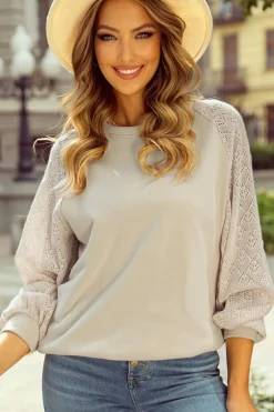 Best Dear-Lover Eyelet Knit Patchwork Raglan Sleeve Pullover Top Parchment