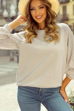 Best Dear-Lover Eyelet Knit Patchwork Raglan Sleeve Pullover Top Parchment