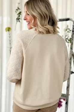 Best Dear-Lover Eyelet Knit Patchwork Raglan Sleeve Pullover Top Parchment