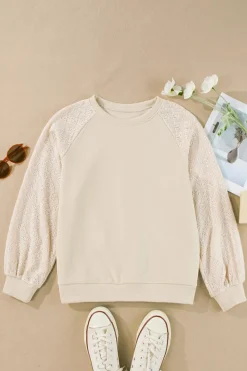Best Dear-Lover Eyelet Knit Patchwork Raglan Sleeve Pullover Top Parchment