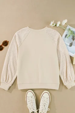 Best Dear-Lover Eyelet Knit Patchwork Raglan Sleeve Pullover Top Parchment