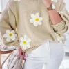 Fashion Dear-Lover Floral Crochet Chunky Knit Sweater Parchment