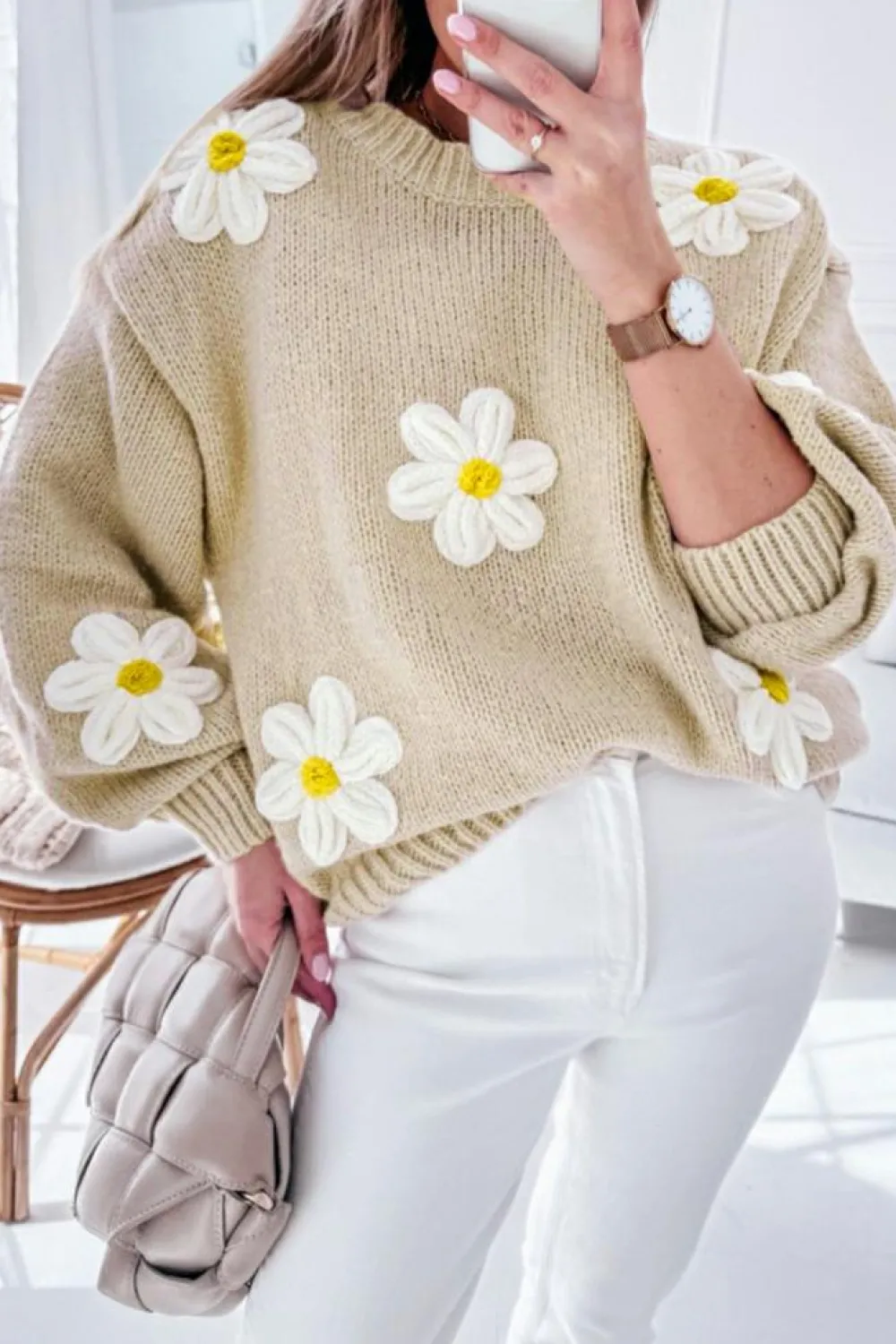 Fashion Dear-Lover Floral Crochet Chunky Knit Sweater Parchment